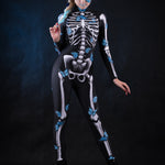 Lady Blue Butterfly Halloween costume for women, featuring a full-body skeleton catsuit with blue butterfly accents and a flowing kimono, perfect for Halloween or Day of the Dead celebrations.