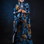 Woman posing in the Lady Blue Butterfly skeleton costume, highlighting the vibrant blue butterfly design, skeleton theme, and flowing kimono, great for Halloween or as a unique festival outfit.