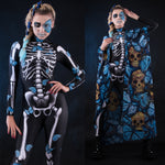 Woman posing in the Lady Blue Butterfly skeleton costume, highlighting the vibrant blue butterfly design, skeleton theme, and flowing kimono, great for Halloween or as a unique festival outfit.