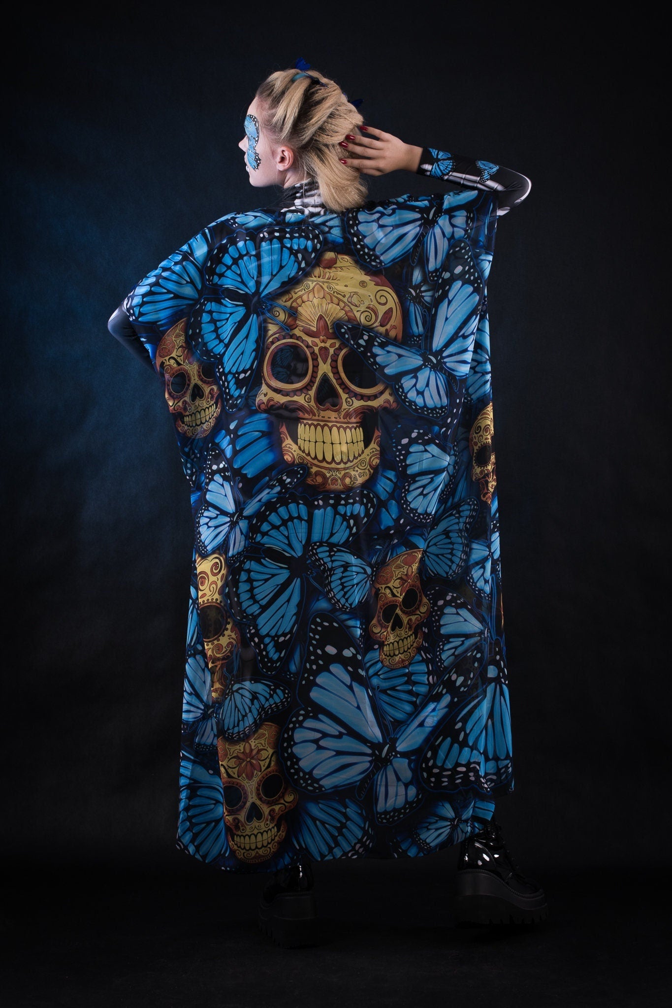 Blue Monarchy Butterflies kimono Halloween cape, featuring a flowing design with butterfly prints, perfect for Day of the Dead or Halloween costumes. Festival costume