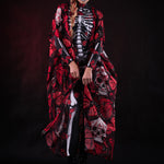 Woman wearing the Lady Red Butterfly skeleton costume, featuring a colorful kimono with red and blue butterfly accents, perfect for Halloween parties or Day of the Dead events.