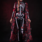 Woman wearing the Lady Red Butterfly skeleton costume, featuring a colorful kimono with red and blue butterfly accents, perfect for Halloween parties or Day of the Dead events.