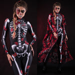 Woman wearing the Lady Red Butterfly skeleton costume, featuring a colorful kimono with red and blue butterfly accents, perfect for Halloween parties or Day of the Dead events.