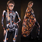 Woman posing in the Lady Orange Butterfly skeleton costume, showcasing the bold orange butterfly design, skeleton theme, and flowing kimono, great for Halloween or as a standout festival outfit.