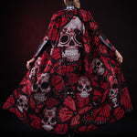 Woman posing in the Red Monarchy Butterflies Halloween kimono cape, showcasing the bold butterfly design and elegant flow, ideal for Halloween parties or as a standout festival outfit.