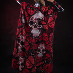 Red Monarchy Butterflies Halloween kimono cape, featuring vibrant red butterfly designs, perfect for Halloween or Day of the Dead celebrations.