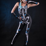 Close-up of the blue butterfly and white skeleton design on the jumpsuit, showing intricate details of the Blue Butterflies Skeleton costume.