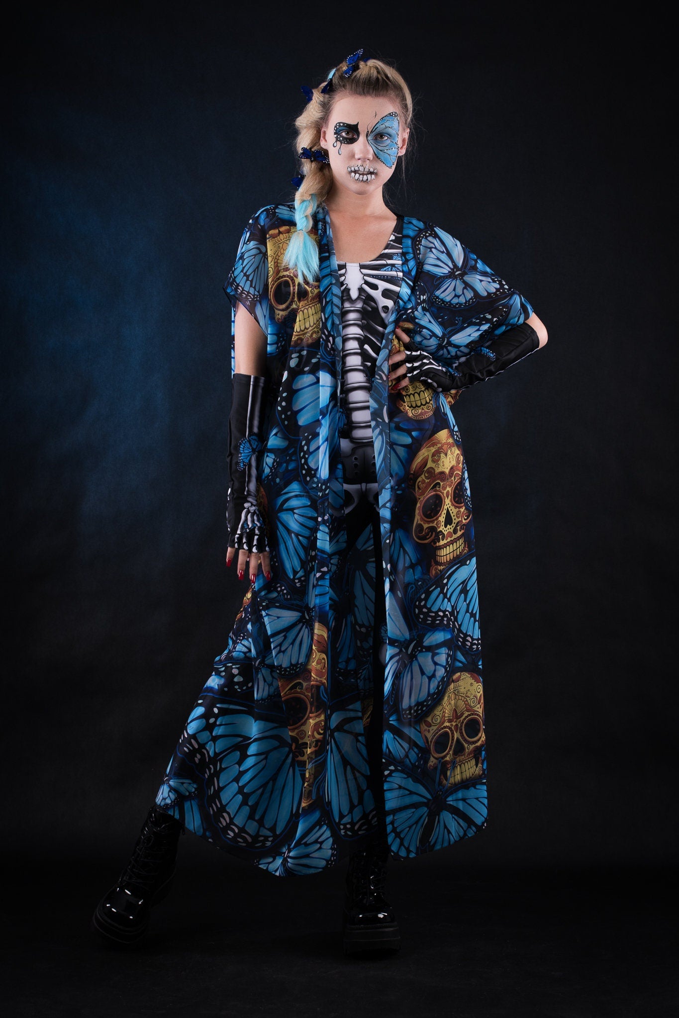 BLUE BUTTERFLIES Skeleton Jumpsuit & Kimono Set