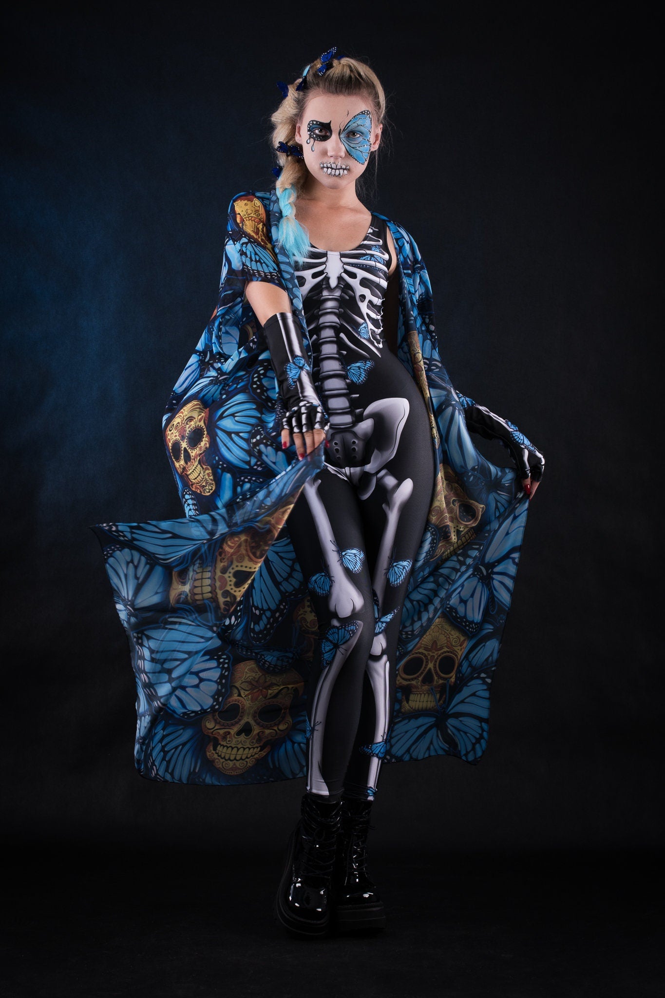 Blue Butterflies Skeleton jumpsuit and kimono set, featuring a white skeleton bodysuit with butterfly details, perfect for a unique Halloween costume and festival.