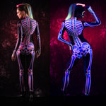 Woman posing in the UV reactive skeleton costume, highlighting the vibrant neon pink design that glows under UV light, perfect for Halloween parties or festival wear.