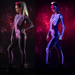 Woman wearing the UV reactive neon pink skeleton costume, a full-body fluorescent jumpsuit perfect for Halloween or rave festivals.