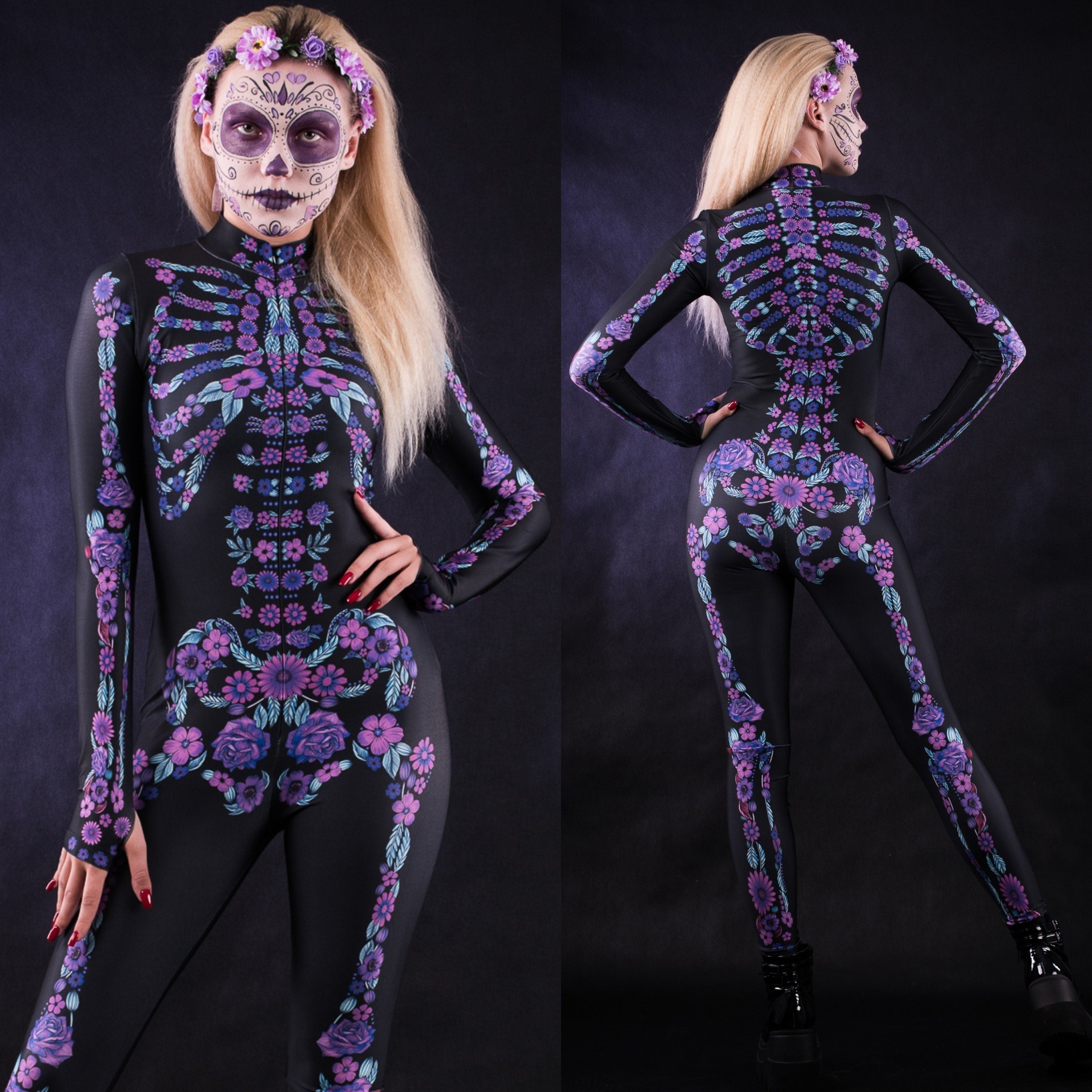 Woman wearing the Flower Skeleton costume, a full-body skeleton catsuit with colorful floral accents, perfect for Halloween parties or Day of the Dead festivities.