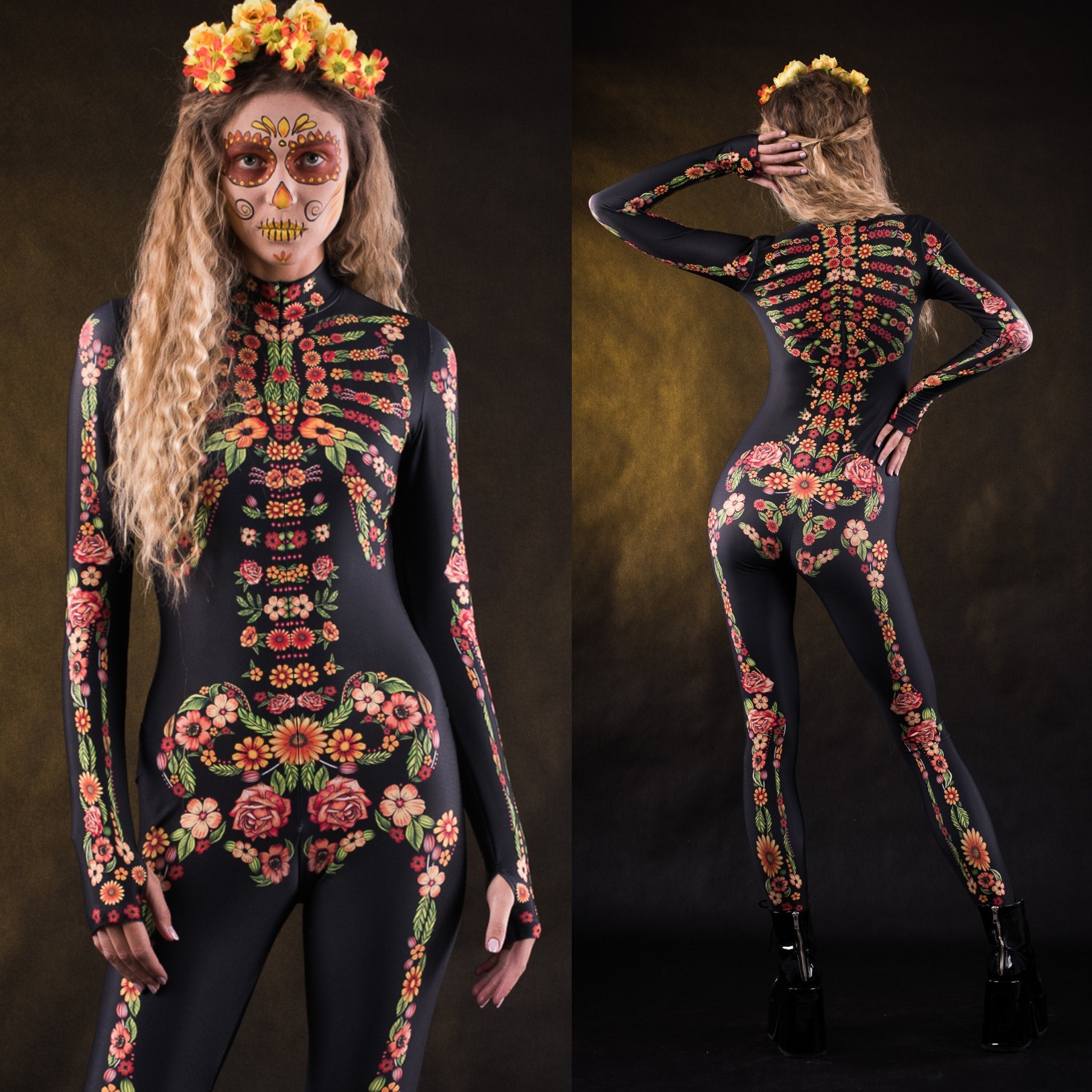 Woman wearing the Flower Skeleton costume, full-body skeleton catsuit with bold orange, yellow, and green floral accents, perfect for Halloween or Day of the Dead festivities.