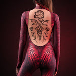 Close-up of the tattoo effect on the back of the Red Mamba catsuit, highlighting the intricate details and unique design.