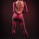 Close-up of the tattoo effect on the back of the Red Mamba catsuit, highlighting the intricate details and unique design.